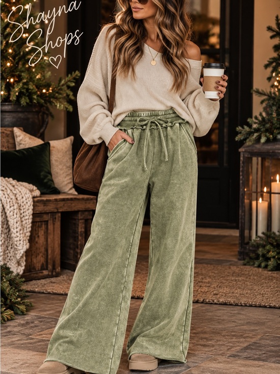 Zenana Outfitters Pants - Zenana Acid Wash Fleece Wide Leg Sweatpants Drawstring Lounge Pants Lt Olive